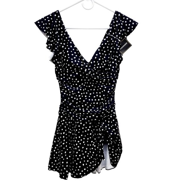 Polka Dot Ruffle One-Piece Swimsuit With Wrap Tie - Aidonger Size S Navy White - Picture 1 of 10